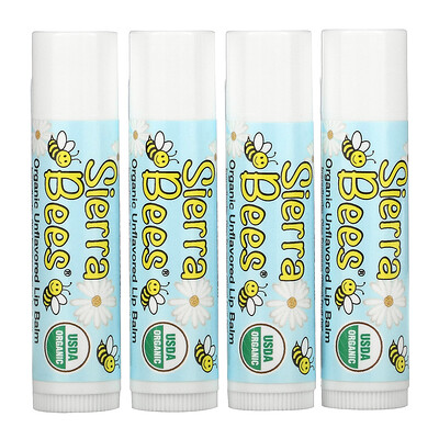 Sierra Bees Органические бальзамы для губ, без вкуса, 4 шт. в упаковке, 0,15 унции (4,25 г) каждый