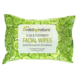 Mild By Nature, 蘆薈和黃瓜面部濕巾，可生物降解，30 片預濕毛巾