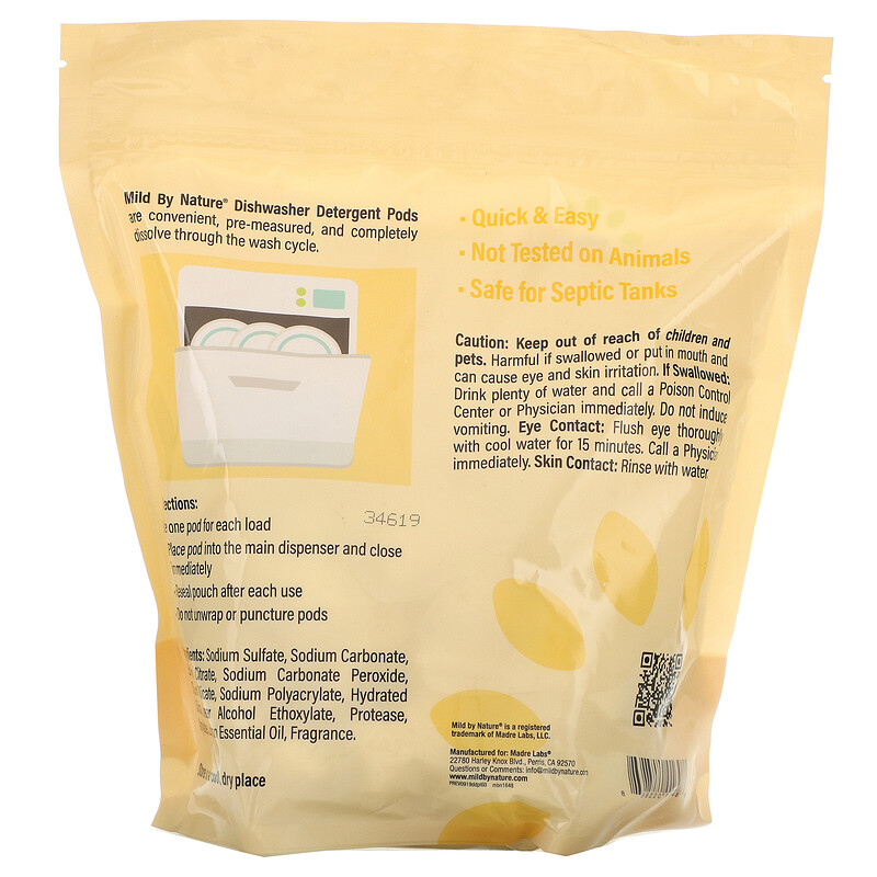 Mild By Nature, Automatic Dishwashing Detergent Pods, Lemon Scent, 60