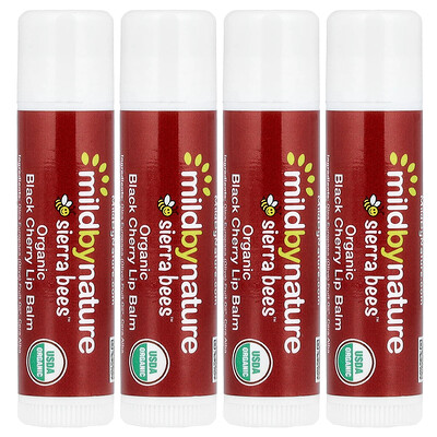 Mild By Nature, Sierra Bees™, Bálsamos labiales orgánicos, Cereza negra, 4 unidades, 4,25 g (0,15 oz) cada una