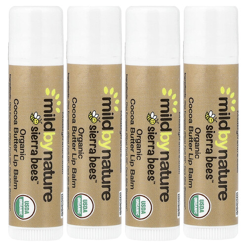 Mild By Nature Sierra Bees™, Organic Lip Balms, Cocoa Butter, 4 Pack, 0.15 oz (4.25 g) Each