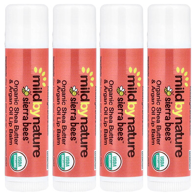 Mild By Nature, Sierra Bees™, Bálsamos labiales orgánicos, Manteca de karité y aceite de argán, 4 unidades, 4,25 g (0,15 oz) cada una