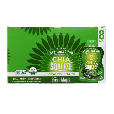 Mamma Chia Organic Chia Squeeze, Vitality Snack, Green Magic, 8 Squeezes, 3.5 oz (99 g) Each