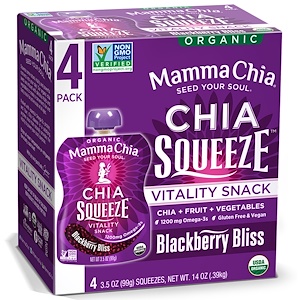 Мамма Чиа, Organic Chia Squeeze, Vitality Snack, Blackberry Bliss, 4 Squeezes, 3.5 oz (99 g) Each отзывы