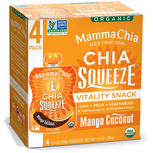Мамма Чиа, Organic Chia Squeeze, Vitality Snack, Mango Coconut, 4 Squeezes, 3.5 oz (99 g) Each отзывы