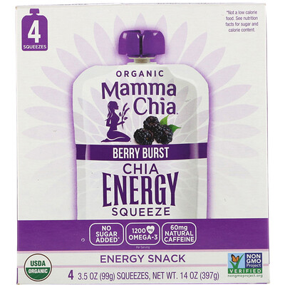 Mamma Chia Organic Chia Energy Squeeze, Berry Burst, 4 Pouches, 3.5 oz (99 g) Each