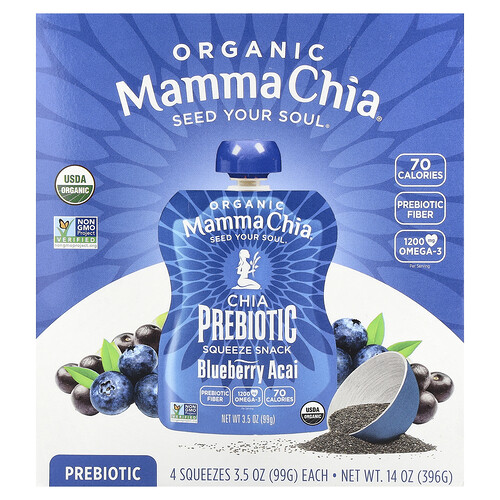 Mamma Chia, Organické prebiotické chia squeeze snack, čučoriedkové acai, 4 squeeze, 99 g (3,5 oz) každé