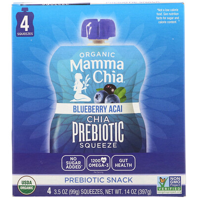 Mamma Chia Organic Chia Prebiotic Squeeze, Blueberry Acai, 4 Pouches, 3.5 oz (99 g) Each