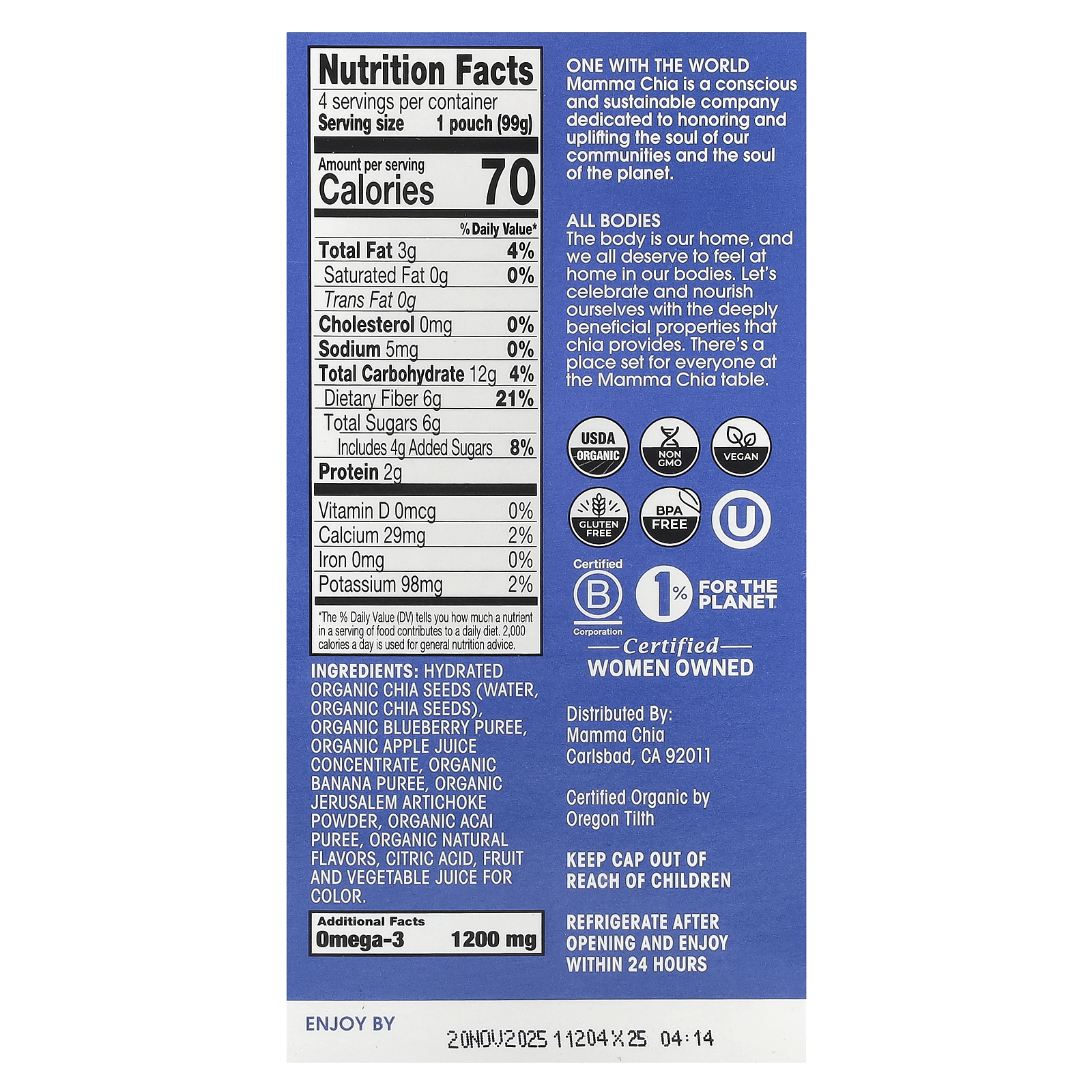 Bio Chia Prebiotic Squeeze Snack, Blueberry Acai, 4 Squeezes, 3,5 oz (99 g) - Bild 2 von 3