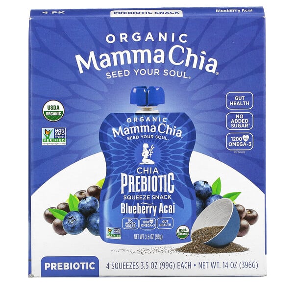 Organic Chia Prebiotic Squeeze, Blueberry Acai, 4 Squeezes, 3.5 oz (99 g) Each