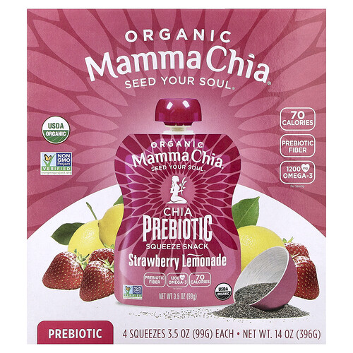 Mamma Chia, Organic Chia Prebiotic Squeeze Snack, Strawberry Lemonade, 4 Pack, 3.5 oz (99 g) Each