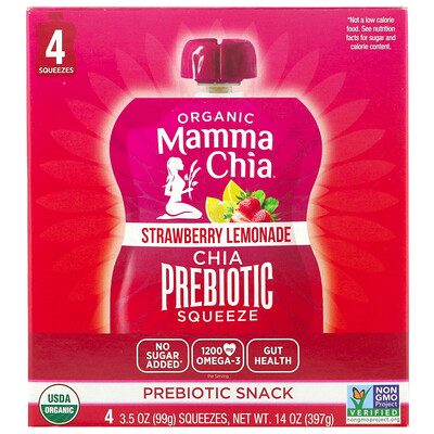 Mamma Chia Organic Chia Prebiotic Squeeze, Strawberry Lemonade, 4 Pouches, 3.5 oz (99 g) Each