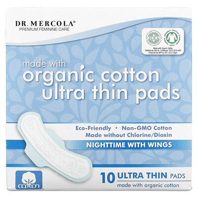 

Dr. Mercola Organic Cotton Ultra Thin Pads Nighttime with Wings 10 Pads