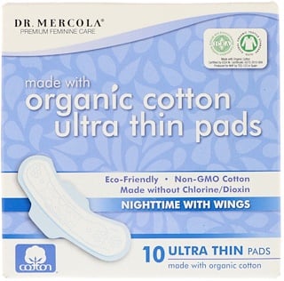 Dr. Mercola, Organic Cotton Ultra Thin Pads, Nighttime with Wings, 10 Pads