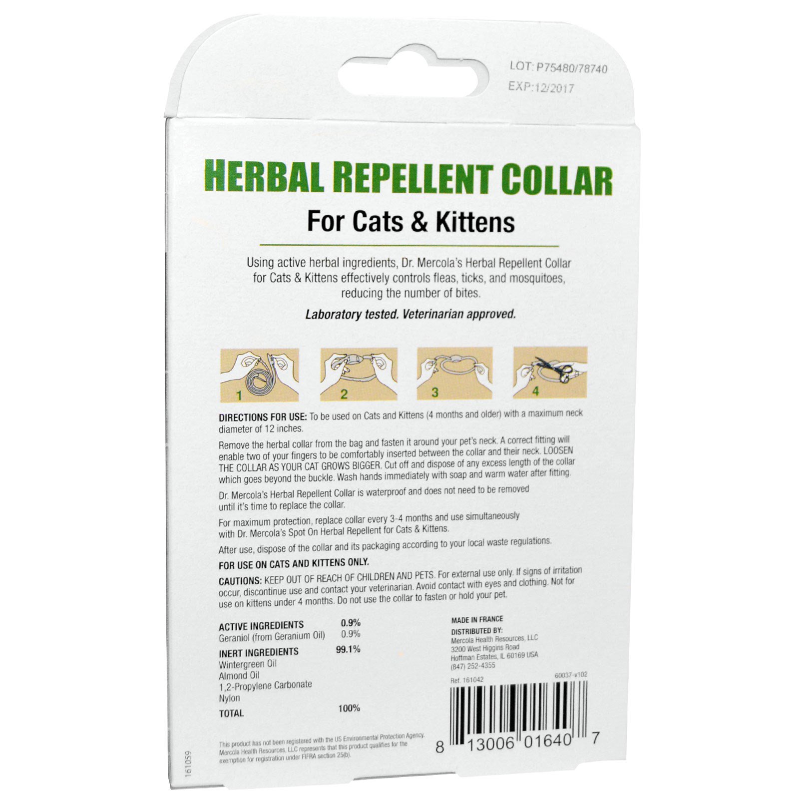 Dr. Mercola, Herbal Repellent Collar for Cats & Kittens, One Collar, 0.