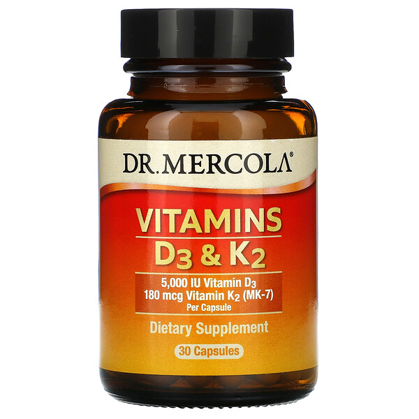 Dr. Mercola, витамины D3 и K2, 30 капсул