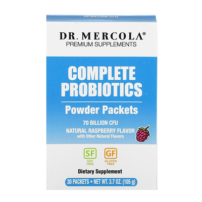 Dr. Mercola пакетики с полноценными сухими пробиотиками, натуральный малиновый вкус, 30 пакетиков, по 0.12 унции(3.5 г) каждый