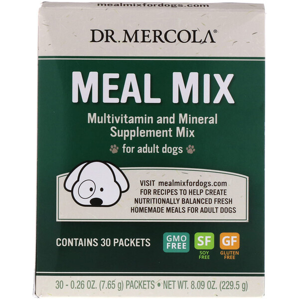 Dr. Mercola‏, תערובת ארוחה, תערובת מולטי-ויטמין ותוסף מינרלים עבור כלבים בוגרים, 30 חבילות, 0.26 oz (7.65 גרם) כל אחת