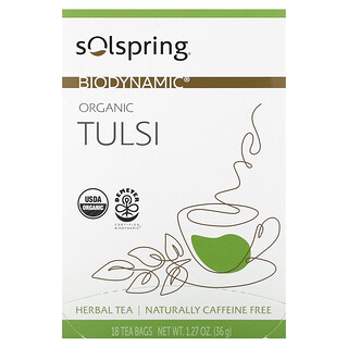 Dr. Mercola, Solspring®, Biodynamic®, Organik Bitki Çayı, Tulsi, Kafeinsiz, 18 Çay Poşeti, 1,27 oz (36 g)