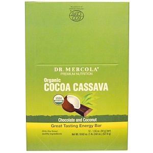 ДР. Меркола, Premium Nutrition, Organic Cocoa Cassava, Energy Bar, Chocolate and Coconut, 12 Bars, 1.55 oz (44 g) Each отзывы