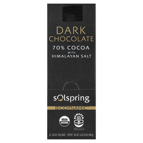 Dr. Mercola Solspring®, Biodynamic®, Dark Chocolate Bar, 70% Cocoa with Himalayan Salt, 12 Bars, 1.41 oz (40 g) Each