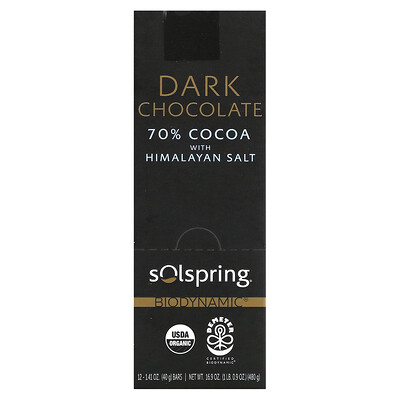 Dr. Mercola, Solspring®, Biodynamic®, Barrita de chocolate negro, 70 % cacao con sal del Himalaya, 12 barritas, 40 g (1,41 oz) cada una