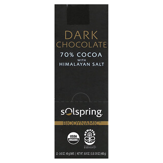 Dr. Mercola, Solspring®, Biodynamic®, темный шоколад, 70% какао с гималайской солью, 12 плиток по 40 г (1,41 унции)