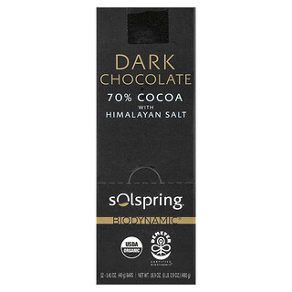 Dr. Mercola, Solspring®, Biodynamic®, плитка темного шоколада, 70% какао с гималайской солью, 12 батончиков по 40 г (1,41 унции)