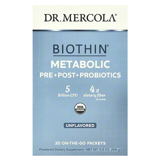 Dr. Mercola, Biothin®, Metabolic Pre+ Post + Probiotics, produkt bezsmakowy, 5 miliardów CFU, 30 saszetek On-The-Go, 5,6 g każda