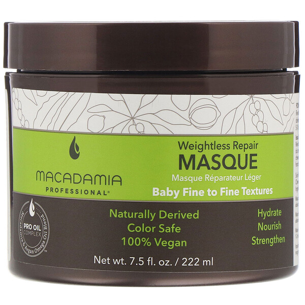 Macadamia Professional‏, מסיכה קלת משקל לשיקום השיער, לשיער במרקם דק כשל תינוק עד דק, 222 מ"ל (7.5 אונקיות נוזל)