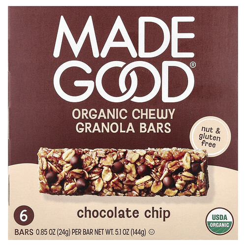 Madegood Organic Chewy Granola Bars, Chocolate Chip, 6 Bars, 0.85 oz (24 g) Each