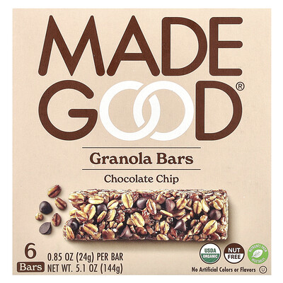 Product Image for MadeGood, Granola Bars, Chocolate Chip, 6 Bars, 0.85 oz (24 g) Each