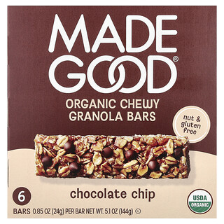 MadeGood, Batoane Granola, Chip de ciocolată, 6 Batoane, 0,85 oz (24 g) fiecare