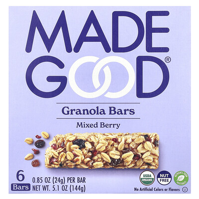 Product Image for MadeGood, Granola Bars, Mixed Berry, 6 Bars, 0.85 oz (24 g) Each