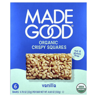 MadeGood, Bocadillos crujientes orgánicos, Vainilla, 6 barritas, 22 g (0,78 oz) cada una