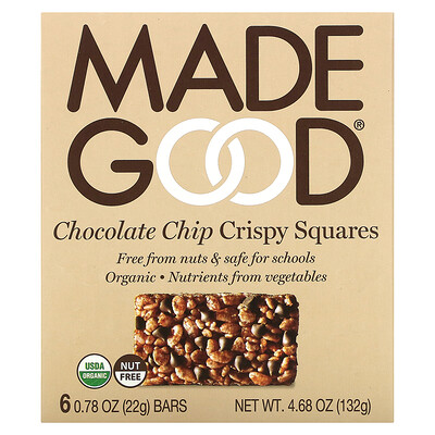 MadeGood Crispy Squares, шоколадная крошка, 6 батончиков по 22 г (0,78 унции)