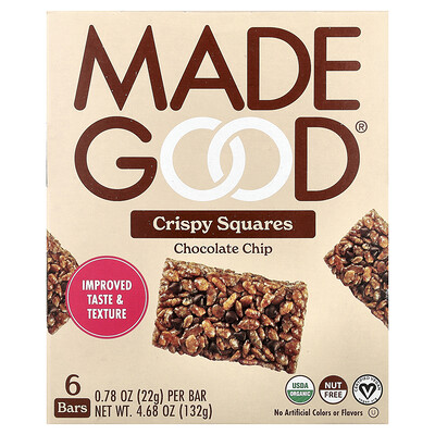 MadeGood, Cuadros crujientes, chip de chocolate, 6 barras, 0,78 oz (22 g) c/u