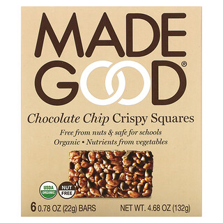 MadeGood, Cuadros crujientes, chip de chocolate, 6 barras, 0,78 oz (22 g) c/u