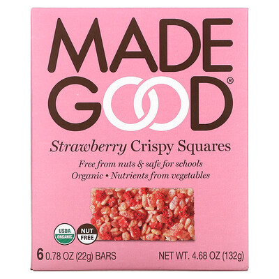 MadeGood Crispy Squares, Strawberry, 6 Bars, 0.78 oz (22 g) Each