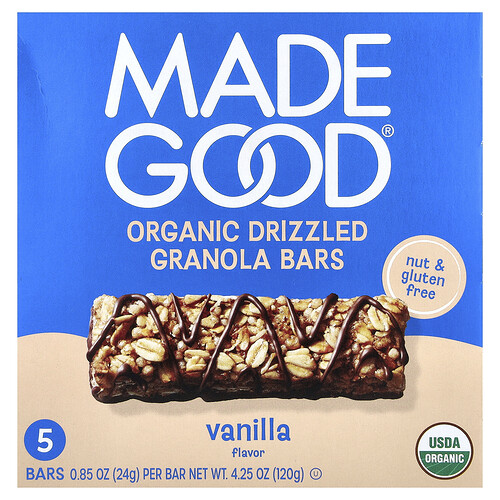 Madegood Organic Drizzled Granola Bars, Vanilla, 5 Bars, 0.85 oz (24 g) Each