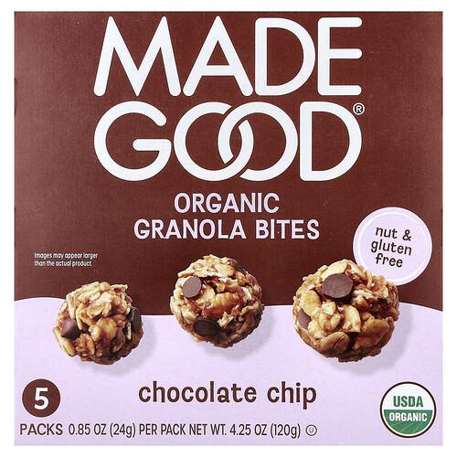 Madegood Organic Granola Bites, Chocolate Chip, 5 Packs, 0.85 oz (24 g) Each