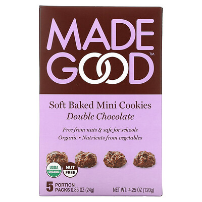 MadeGood Soft Baked Mini Cookies, Double Chocolate, 5 Portion Packs, 0.85 oz (24 g) Each