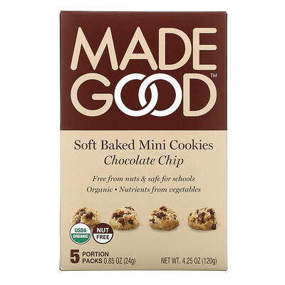 MadeGood Soft Baked Mini Cookies, Chocolate Chip, 5 Portion Packs, 4.25 oz (120 g)