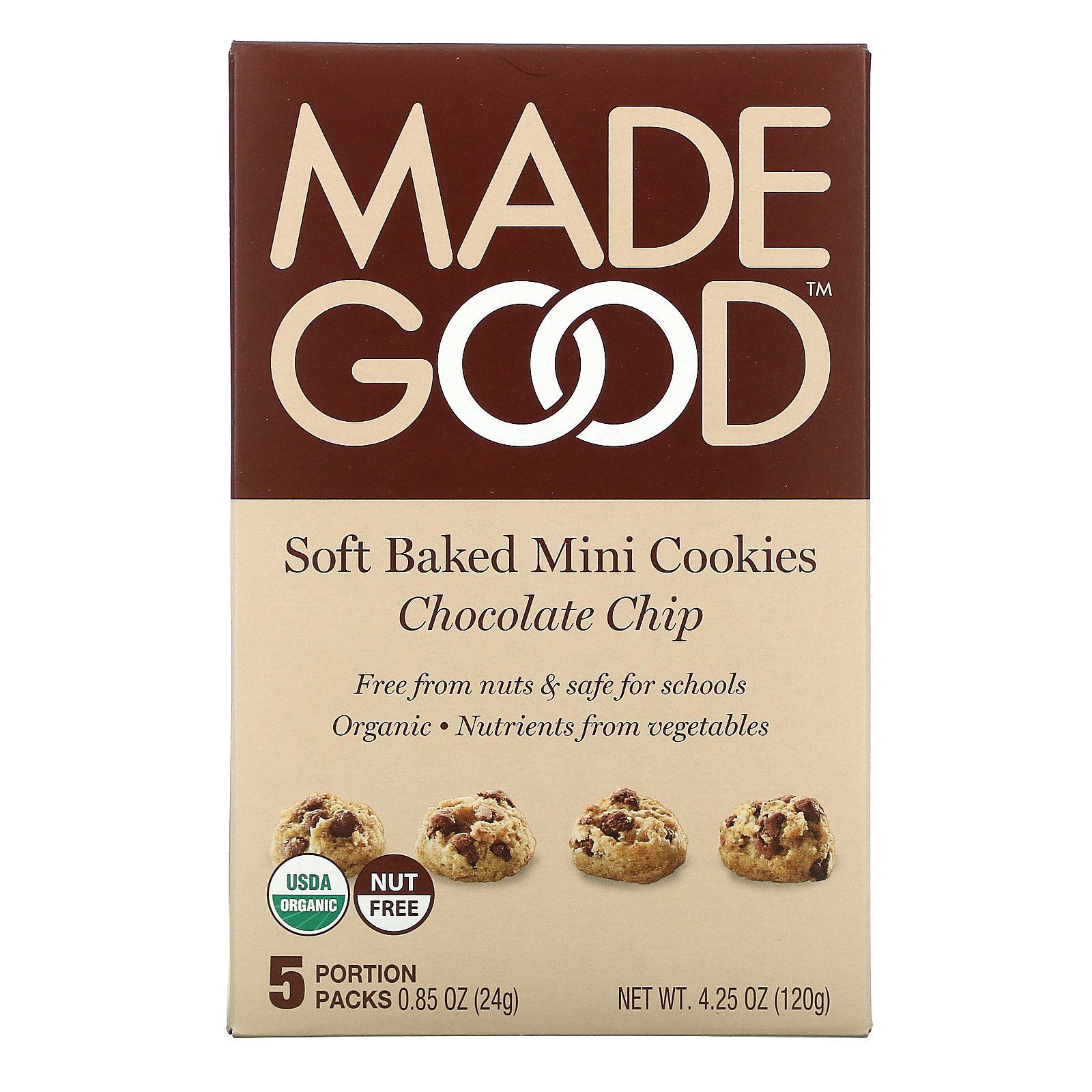 MadeGood, ソフトベイクドミニクッキー、チョコレートチップ、5袋、各24g（0.85オンス）