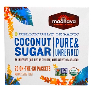 Madhava Natural Sweeteners, Органический  Кокосовый Сахар, 25 Пакетиков, 3,53 унции (100 г)