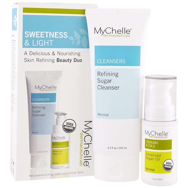 MyChelle Dermaceuticals, Органический набор для свежести и легкости, обновляющее средство для чистки кожи с сахаром, продвинутое аргановое масло, 2 продукта, 3,5 жидких унции (104 мл), 1,0 жидкая унция (30 мл)