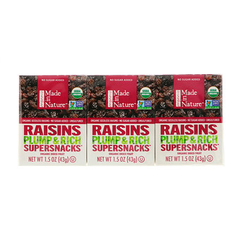 Made in Nature, Organic Dried Raisins, Plump & Rich Supersnacks, getrocknete Bio-Sultaninen, weicher und reichhaltiger Supersnack, 6-er Pack, je 43 g (1,5 oz.)