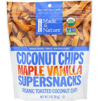 Органические, кокосовые чипсы, Суперснеки с кленовым сиропом и ванилью, 85 г