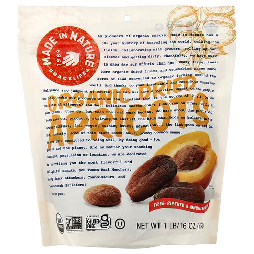 Made In Nature Organic Dried Apricots, Tree-Ripened & Unsulfured, 1 lb (454 g)