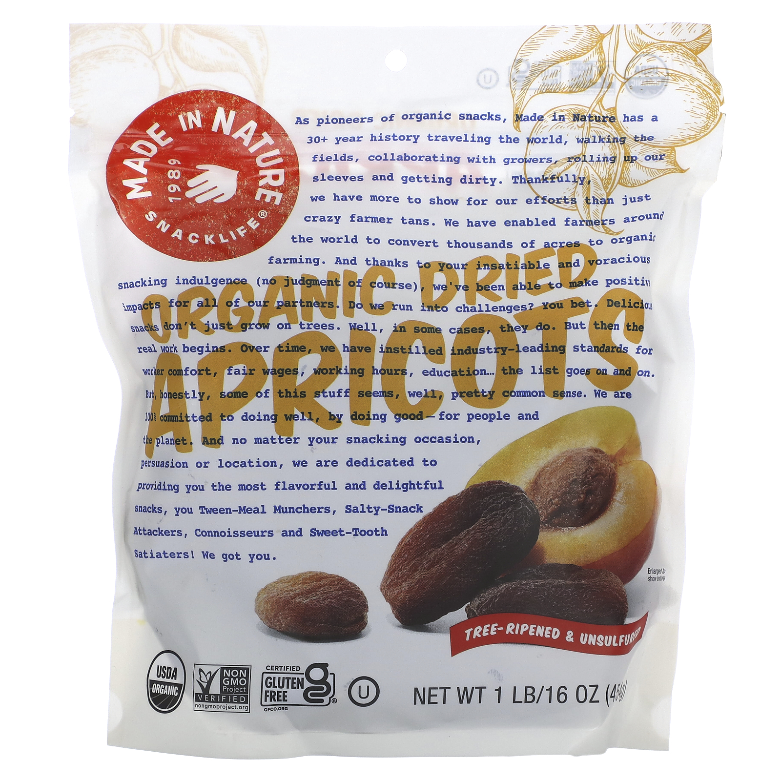 Made in Nature, Organic Dried Apricots, TreeRipened & Unsulfured, 1 lb